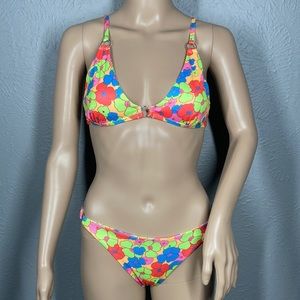 SHEIN Retro Floral Print 2 Piece Ribbed Bikini Women's Size Small